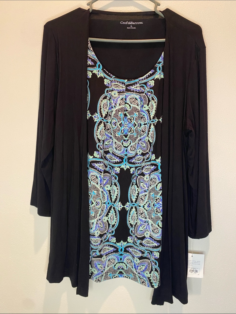 Black Tunic with Blue and Aqua Paisley Front - Croft and Barrow - NWT